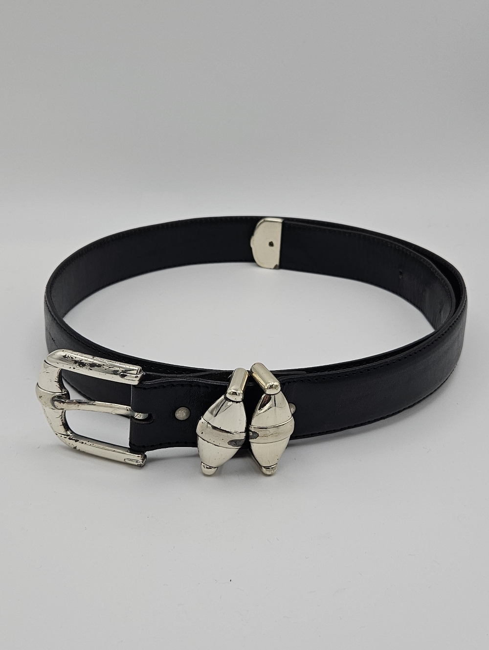 Nanni Italy black leather belt with silver tone buckle size 34